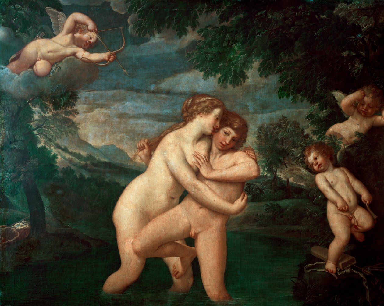 Salmacis in the bath repelled by Hermaphrodite The nymph Salmacis, eprise of the son of Hermes and Aphrodite, sees his advances repelled - Painting by Francesco Albani dit l