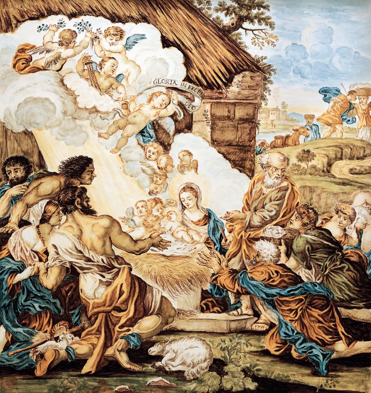 婴儿床，彩绘珐琅板，由 Francesco Antonio Xaverio Grue (1686-1746) 设计，意大利阿布鲁佐卡斯泰利制造 作者 弗朗切斯科·安东尼奥·沙维里奥·格鲁