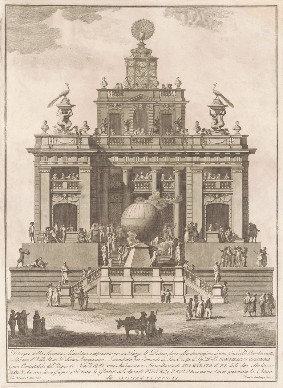1785年为奇纳河建造的第二座马奇纳：带有空气气球的欢乐宫，1785年。 作者 弗朗切斯科·巴巴扎