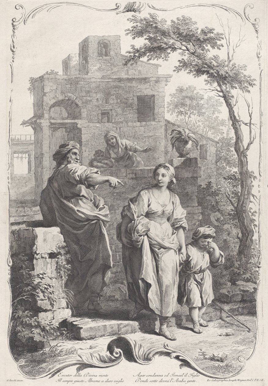 哈格被送入荒野，1758年。 作者 弗朗切斯科·巴托洛齐（Francesco Bartolozzi）
