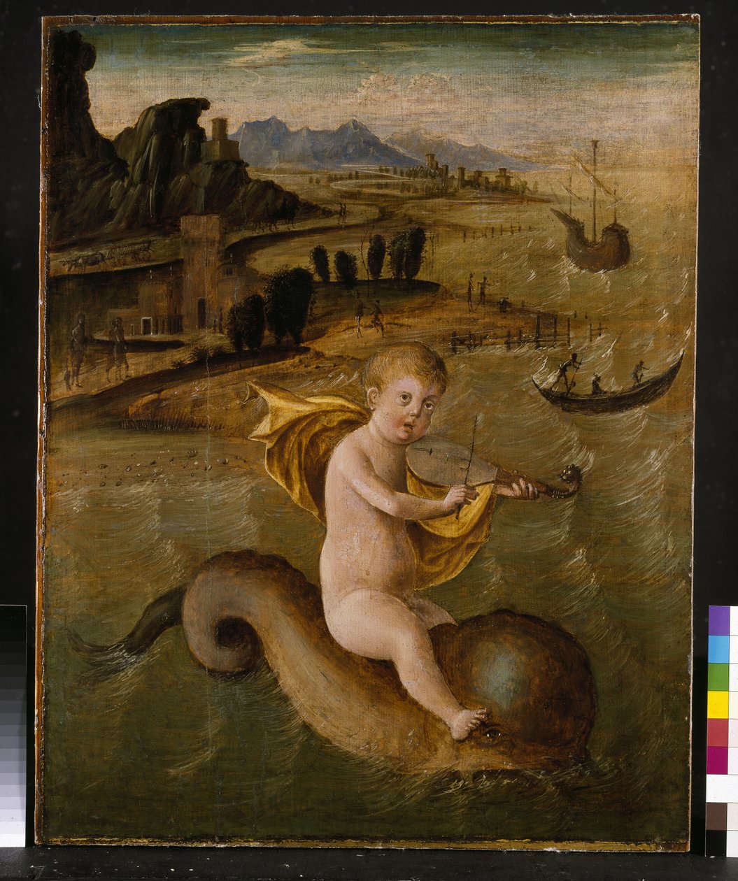 Arion骑着海豚，c.1509-10的蛋彩画和油面板 作者 弗朗切斯科·比安奇·法拉利