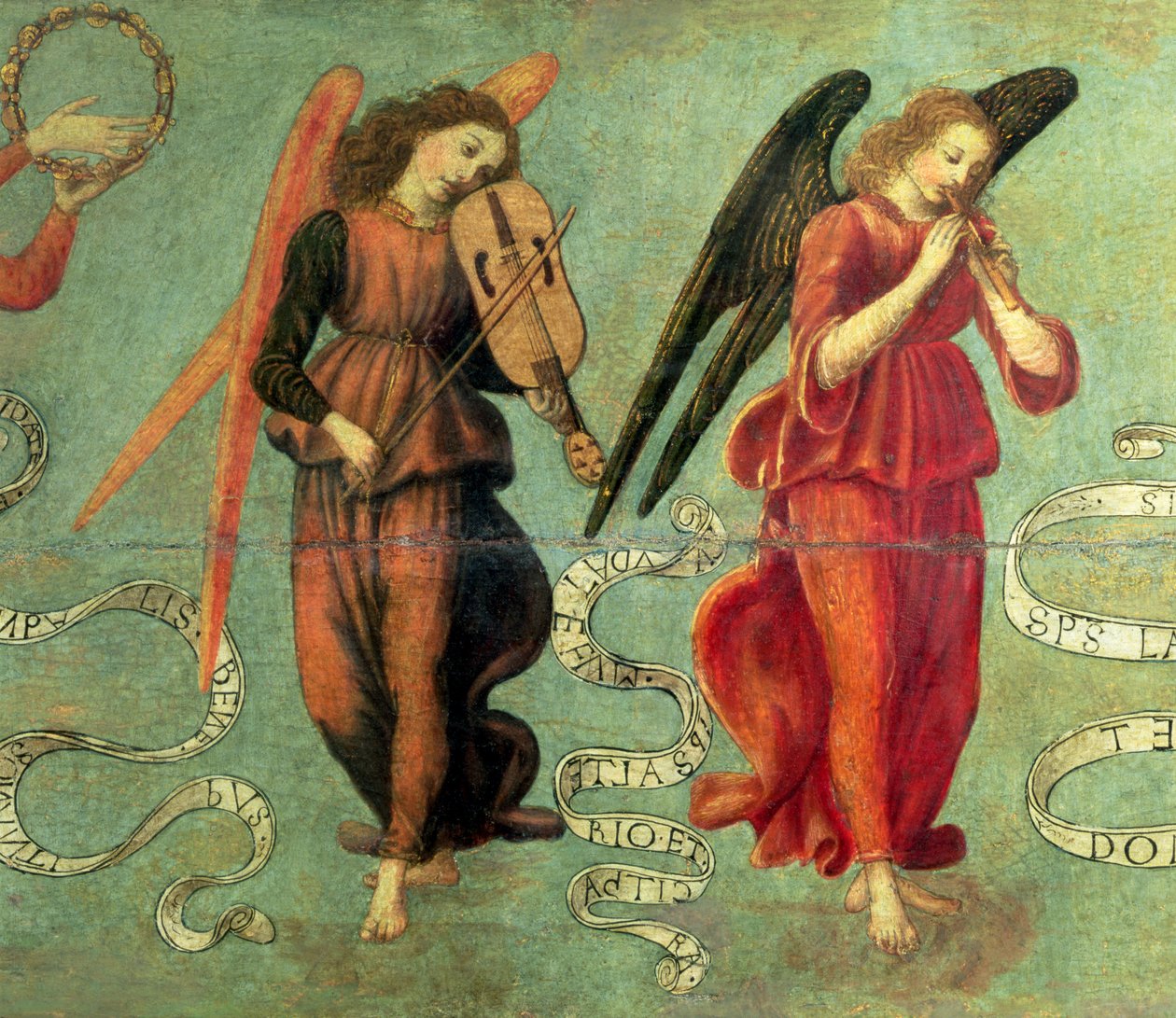 天使玩小提琴和烟斗，c.1475-97温度64871的面板细节，另见64872和64873 作者 弗朗切斯科·波蒂奇尼（Francesco Botticini）