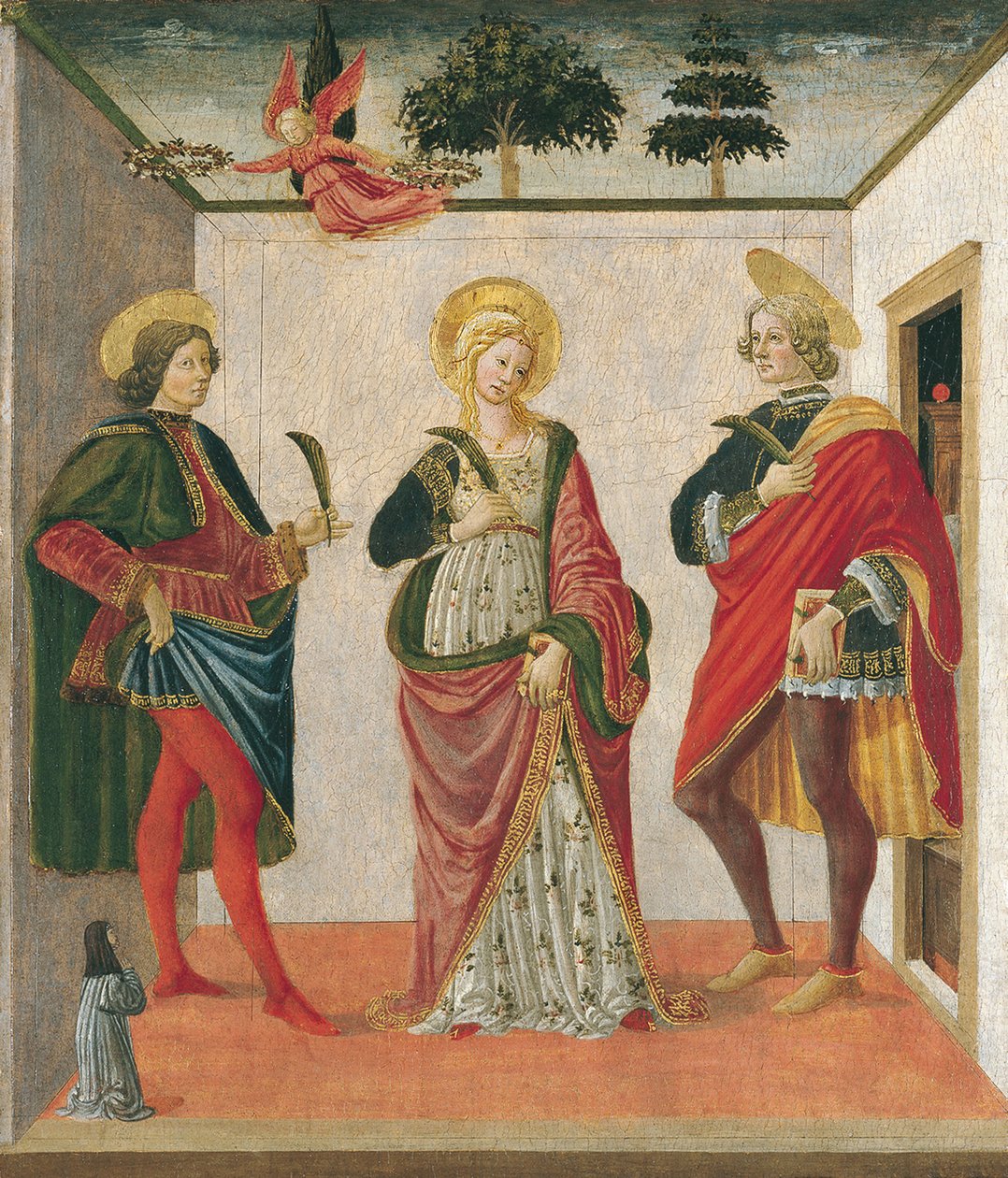 圣塞西莉亚（Saint Cecilia）与捐赠者之间的圣瓦莱利亚（Saint Valerian）和圣提伯蒂（Saint Tiburtius） 作者 弗朗切斯科·波蒂奇尼（Francesco Botticini）