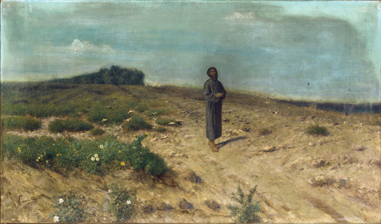 圣方济各向鸟儿布道 par Coppola Castaldo, Francesco (1845-1916)。布面油画 作者 弗朗切斯科·科波拉·卡斯塔尔多