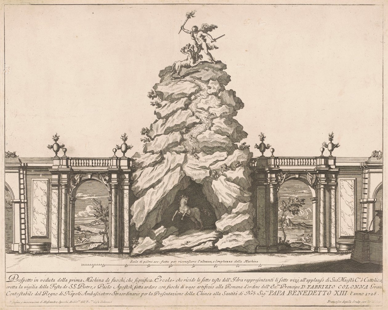 1726年的Chinea的Prima Macchina：Hercules and the Hydra, 1726。 作者 弗朗切斯科·法拉昂·阿奎拉