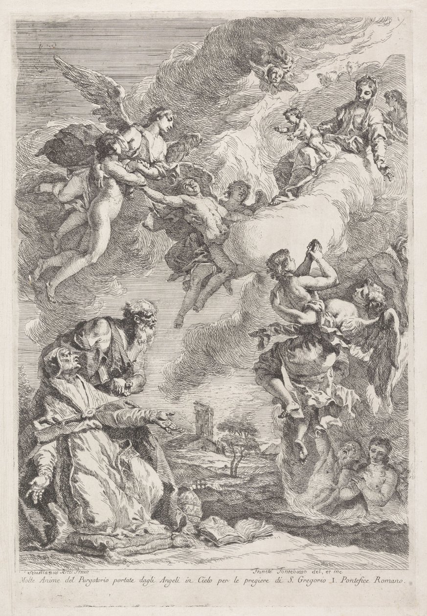 圣格雷戈里大帝和圣杰罗姆为炼狱中的灵魂祈祷
Molte Anime del Purgatorio portate dagli Angeli in Cielo per le pregiere di S. Gregorio I. Pontefice Romano（标题见实物） 作者 弗朗切斯科·丰泰巴索（Francesco Fontebasso）