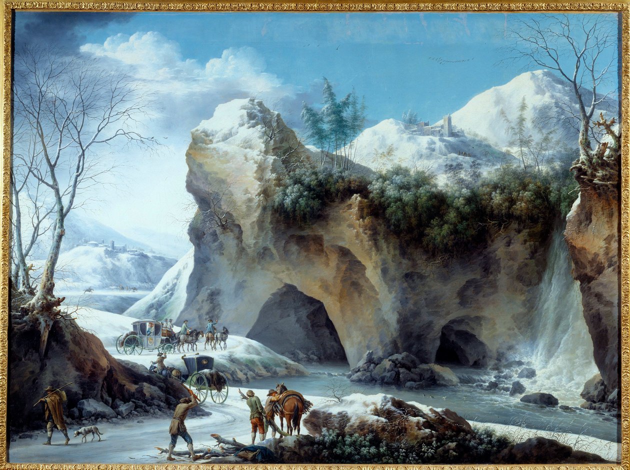 雪山观景砍柴，一勤快进隧道。 Francesco Foschi（活跃于 1750 年至 1805 年之间）的绘画，18 世纪太阳。 1,02x1,36 m 格勒诺布尔，Musee des Beaux Arts 作者 弗朗切斯科·福斯基（Francesco Foschi）