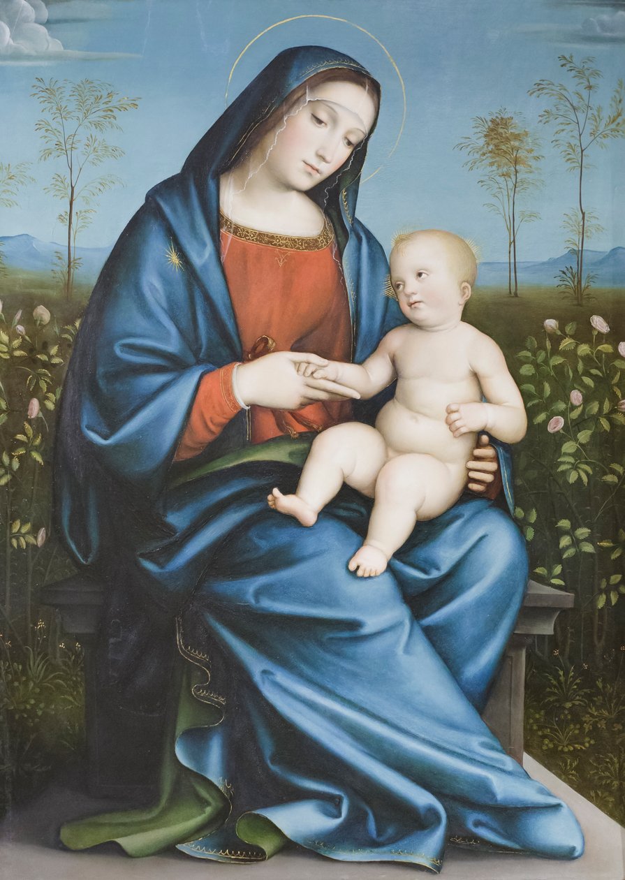 玫瑰园中的圣母与圣婴，Raibolini Francesco，又名 Francesco Francia（油画板） 作者 弗朗西斯科·弗朗西亚
