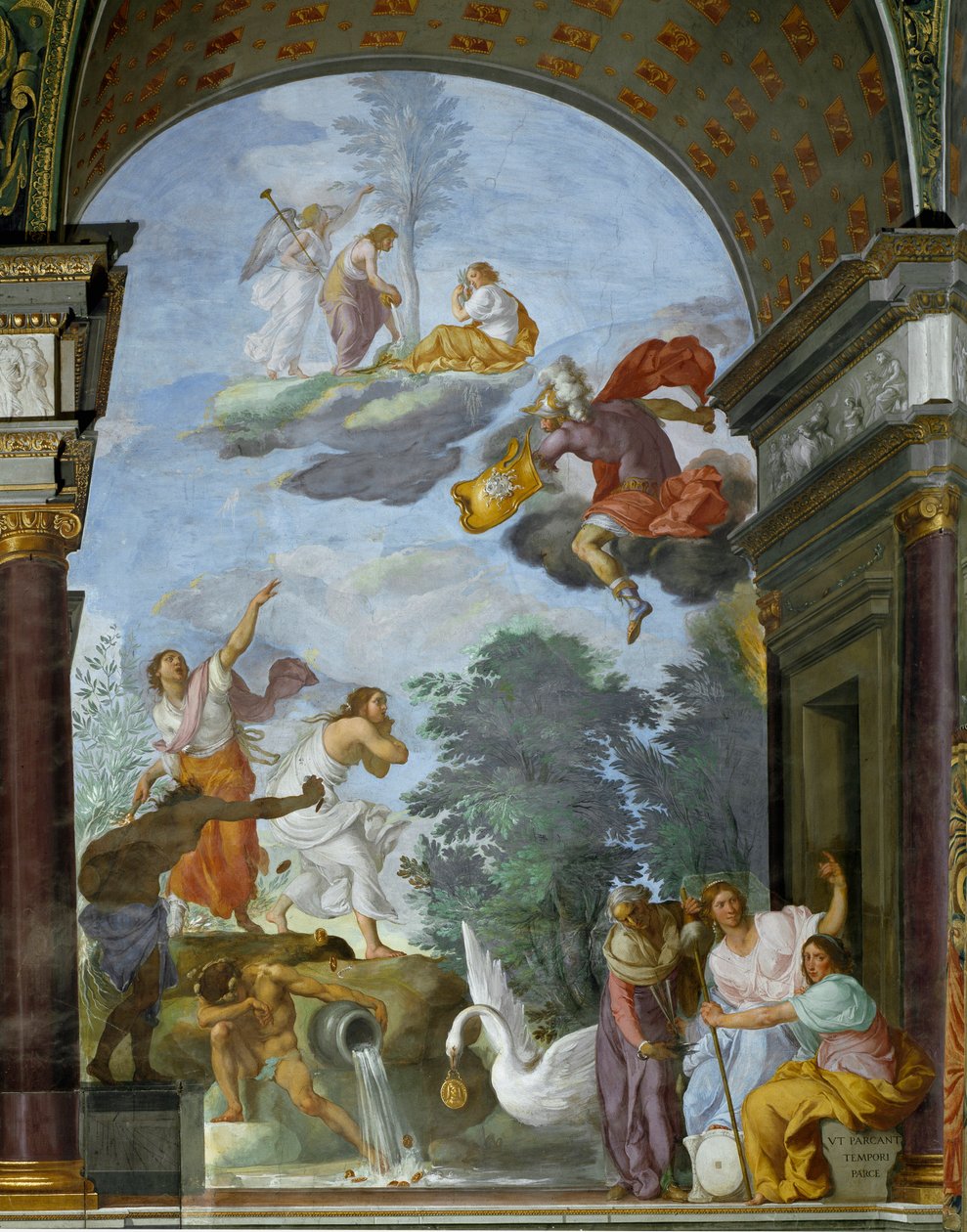 洛伦佐-德-美第奇（Lorenzo de Medici il Magnifico）之死的寓言，被称为 "伟大"（1449-1492）。右边是命运之神的代表，即内阁（或帕克）。克洛托、拉奇斯和阿特罗波斯。弗朗西斯科-富里尼的壁画（160 作者 弗朗切斯科·弗里尼（Francesco Furini）
