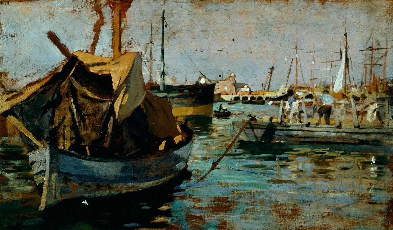 在里窝那（里窝那）港口工作，弗朗切斯科·乔利（Francesco Gioli，1846-1922 年），面板油画，22x38 厘米 作者 弗朗西斯科·吉奥利