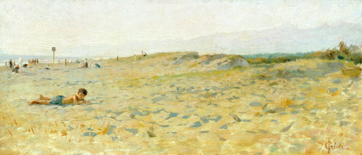 Francesco Gioli（1846-1922 年）创作的《Cinquale 的海滩》，木板油画 作者 弗朗西斯科·吉奥利