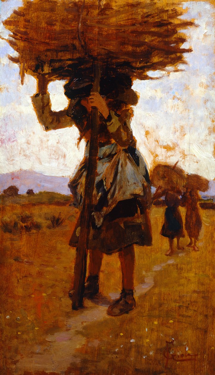 Francesco Gioli（1846-1922 年）创作的《San Rossore 的伐木女工》（研究），油画，39x22 厘米 作者 弗朗西斯科·吉奥利