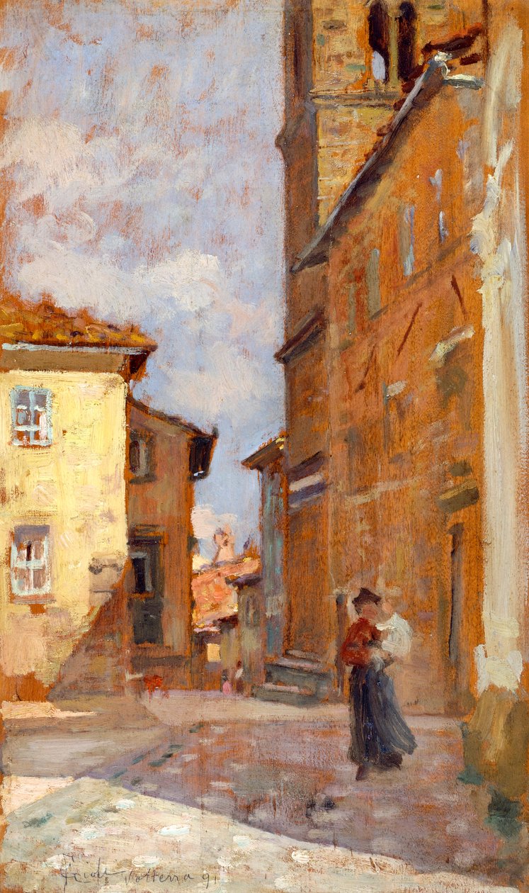 弗朗西斯科·乔利（Francesco Gioli，1846-1922 年）在沃尔泰拉的街道上，面板油画，38x23 厘米 作者 弗朗西斯科·吉奥利