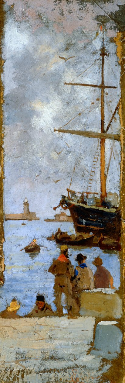 里窝那港景观，弗朗西斯科·乔利（Francesco Gioli，1846-1922 年），布面油画，转印到纸板上，38x12 厘米 作者 弗朗西斯科·吉奥利