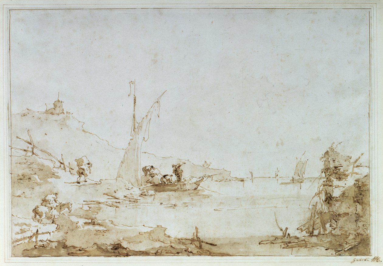 沿海场景，c.1770-80（笔和棕色洗在纸上用黑色粉笔） 作者 弗朗切斯科·瓜迪（Francesco Guardi）