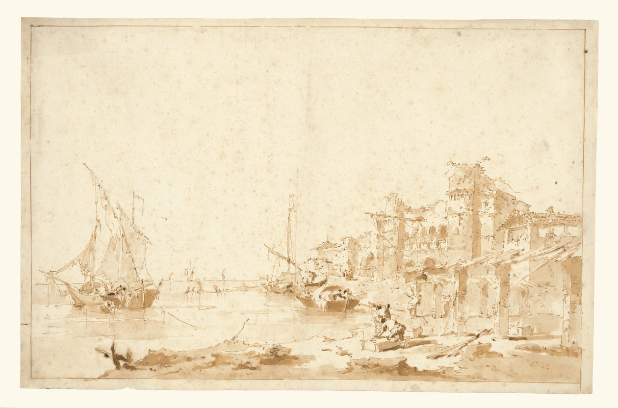 威尼斯泻湖与岸边要塞的想象图景 作者 弗朗切斯科·瓜迪（Francesco Guardi）