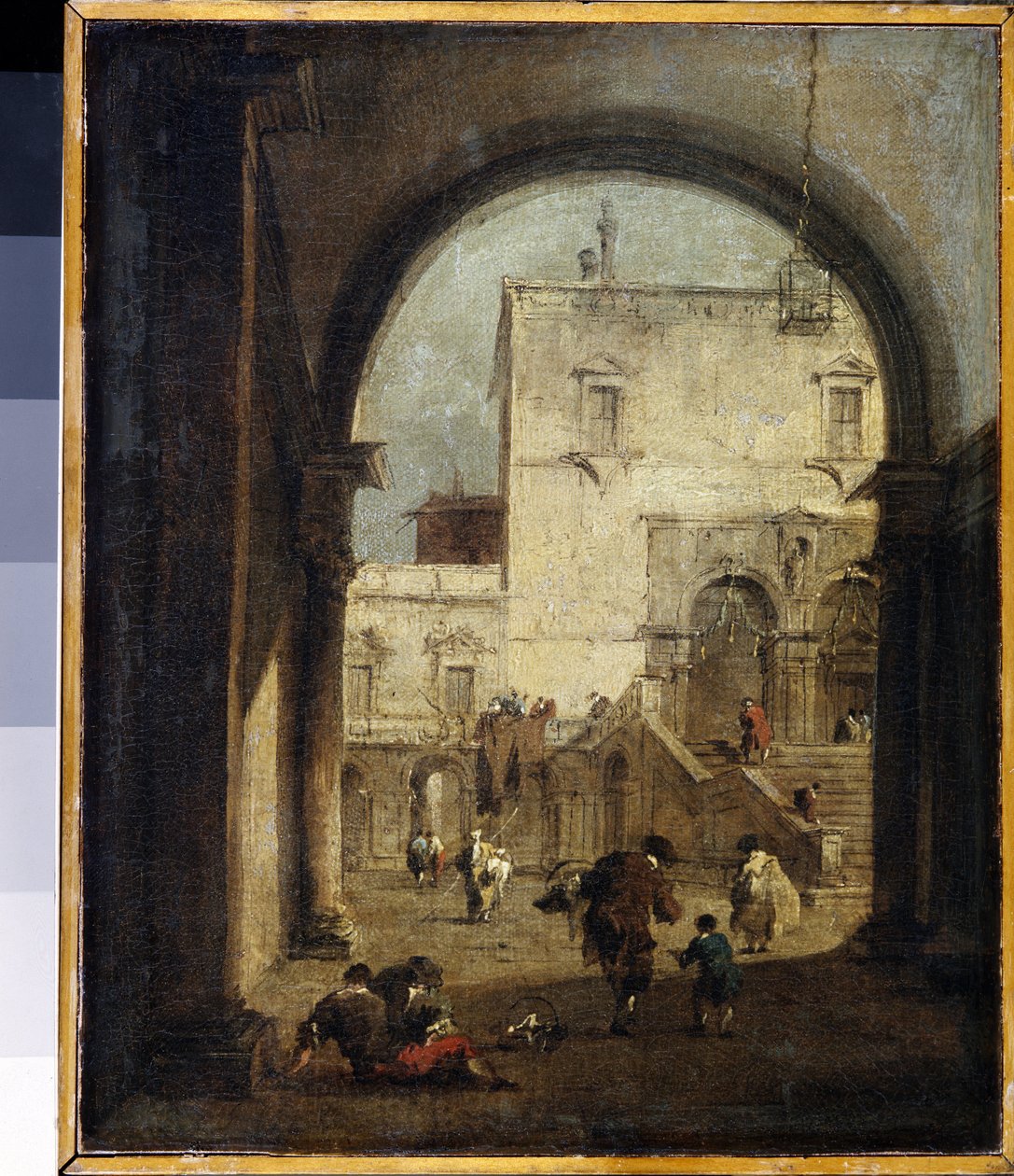 "威尼斯随想曲：广场和宫殿景观 Francesco Guardi（1712-1793 年）1775-1780 年绘制 尺寸：27x23 厘米 圣彼得堡艾尔米塔什博物馆 作者 弗朗切斯科·瓜迪（Francesco Guardi）