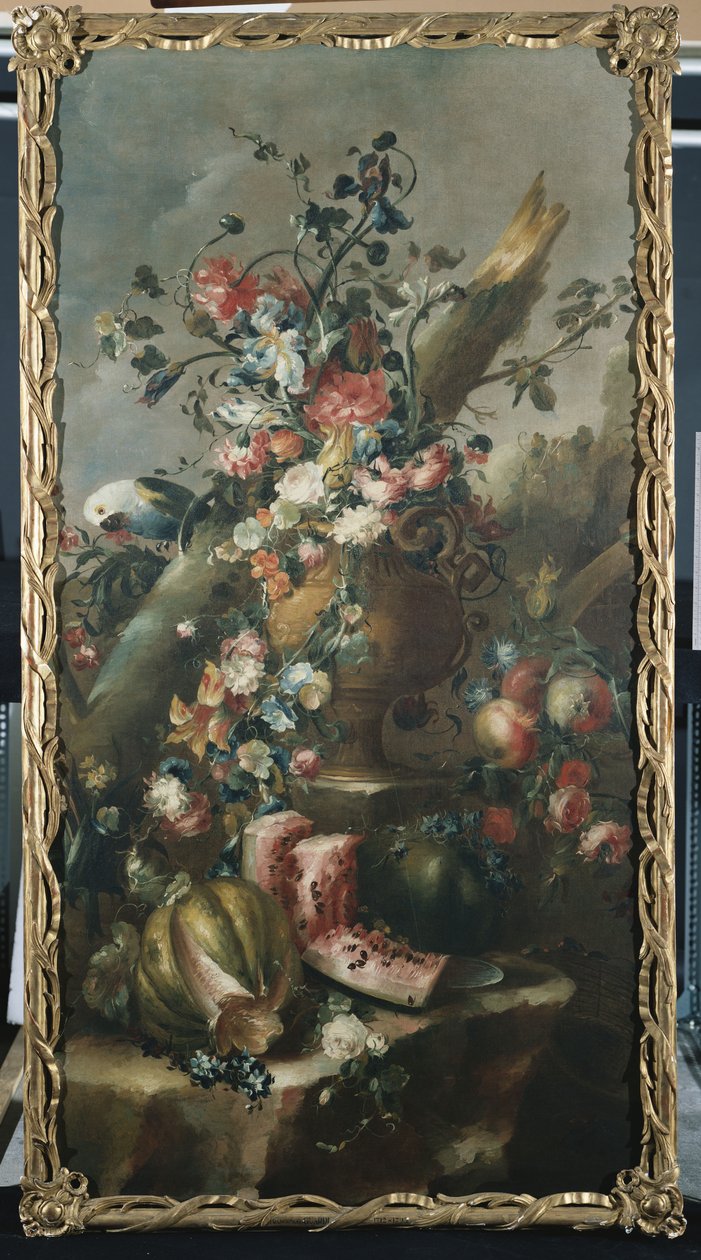 雕刻的Ur中的花朵，有瓜和鹦鹉 作者 弗朗切斯科·瓜迪（Francesco Guardi）