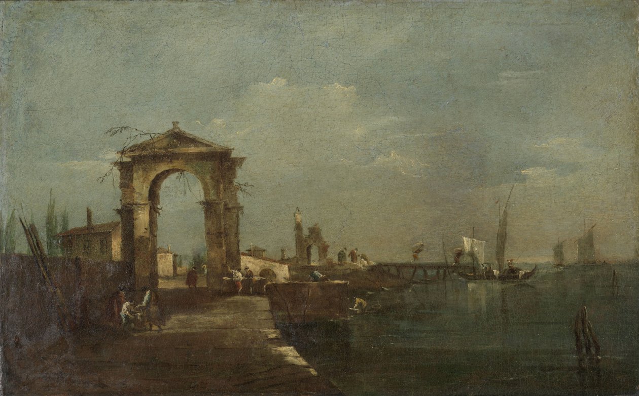 风景与码头和湖上的船只 作者 弗朗切斯科·瓜迪（Francesco Guardi）