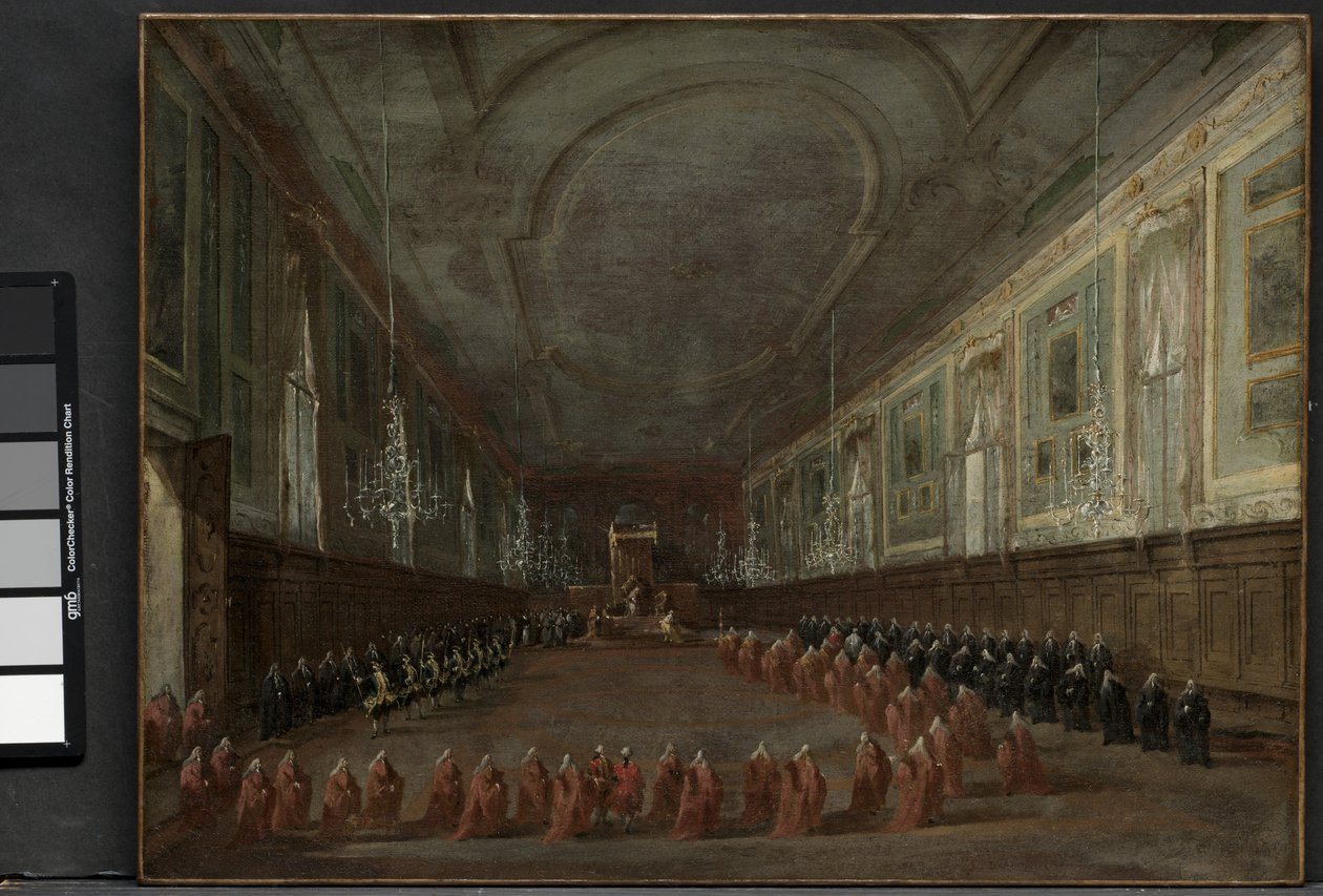 教皇庇护六世降下王位，在SS大厅内离开总督。乔凡尼·保罗（Giovanni e Paolo），1782年，SS的宗座仪式。乔瓦尼·保罗（Giovanni e Paolo），威尼斯，1782年，c。 1783年 作者 弗朗切斯科·瓜迪（Francesco Guardi）