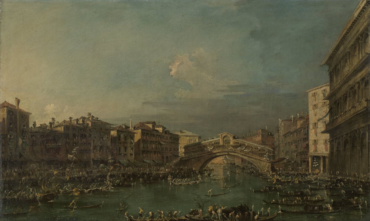 威尼斯里亚托桥附近大运河上的赛船会 作者 弗朗切斯科·瓜迪（Francesco Guardi）