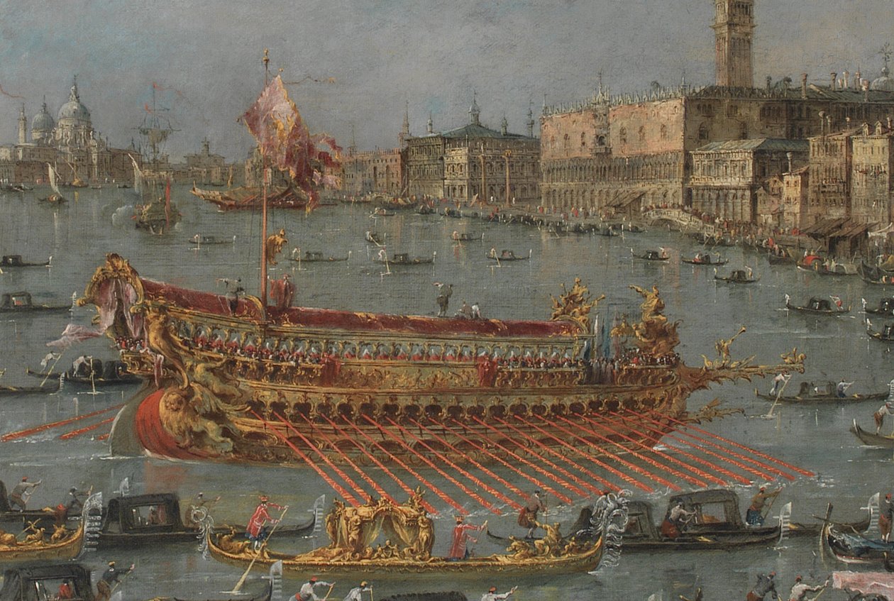 威尼斯的Bucintoro节。 Bacino di S. Marco与Bucintoro，Doges State Barge，在阿森松日（细节），1780-93 作者 弗朗切斯科·瓜迪（Francesco Guardi）