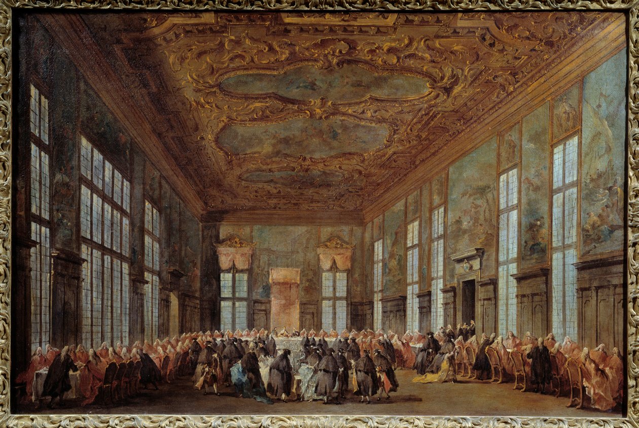 威尼斯总督 Alvise IV Mocinego (1701-1778) 为大使们提供早餐。 Francesco Guardi (1712-1793) 18 世纪的太阳作画。 0,67x1,01 m 南特，美术博物馆 作者 弗朗切斯科·瓜迪（Francesco Guardi）