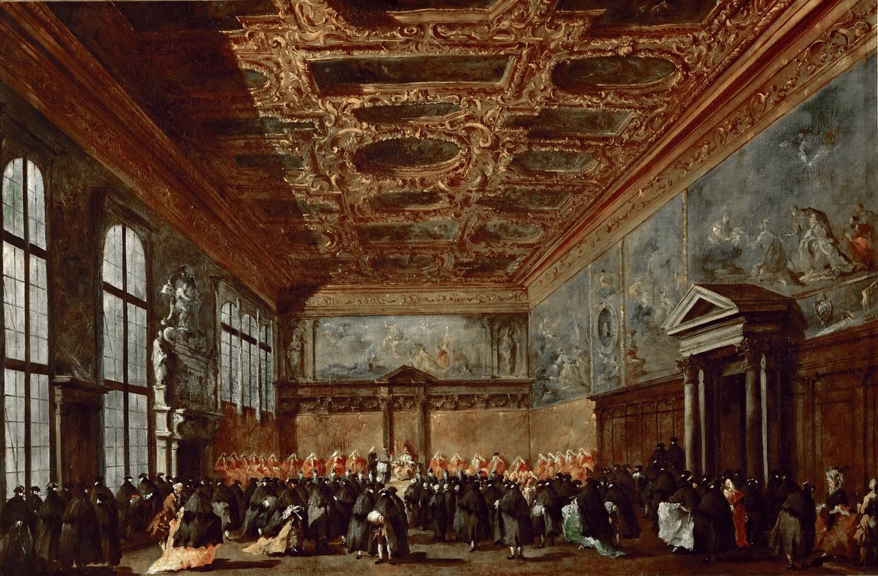 威尼斯的总督在总督宫的萨拉·科莱吉奥（Sala del Collegio）吸引观众 作者 弗朗切斯科·瓜迪（Francesco Guardi）