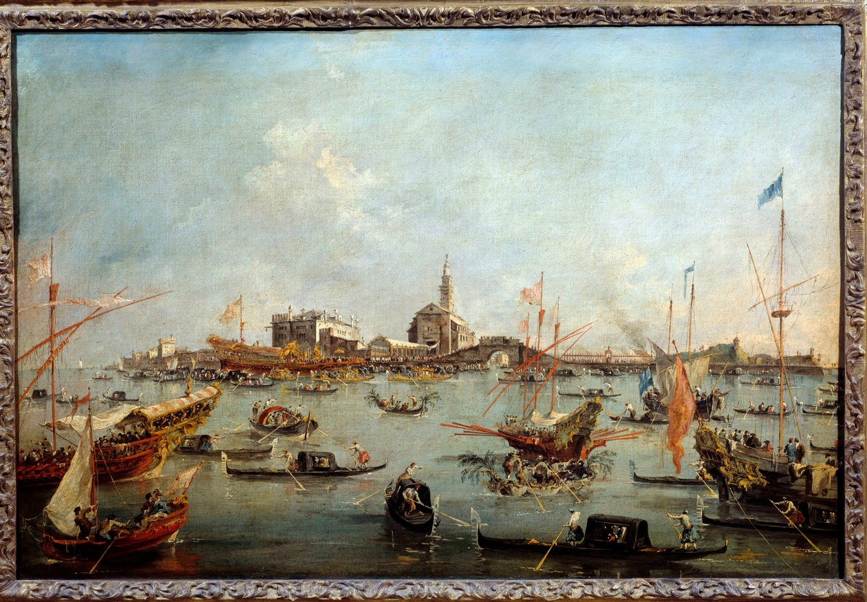 升天日在威尼斯圣尼科洛的 Bucentaurus (Bucentoro) 上的总督 这可能是 Doge Alvise IV Mocenigo (1763-1778)。 Francesco Guardi (1712-1793) 1775-1780 年作画。 0,67x1m 作者 弗朗切斯科·瓜迪（Francesco Guardi）