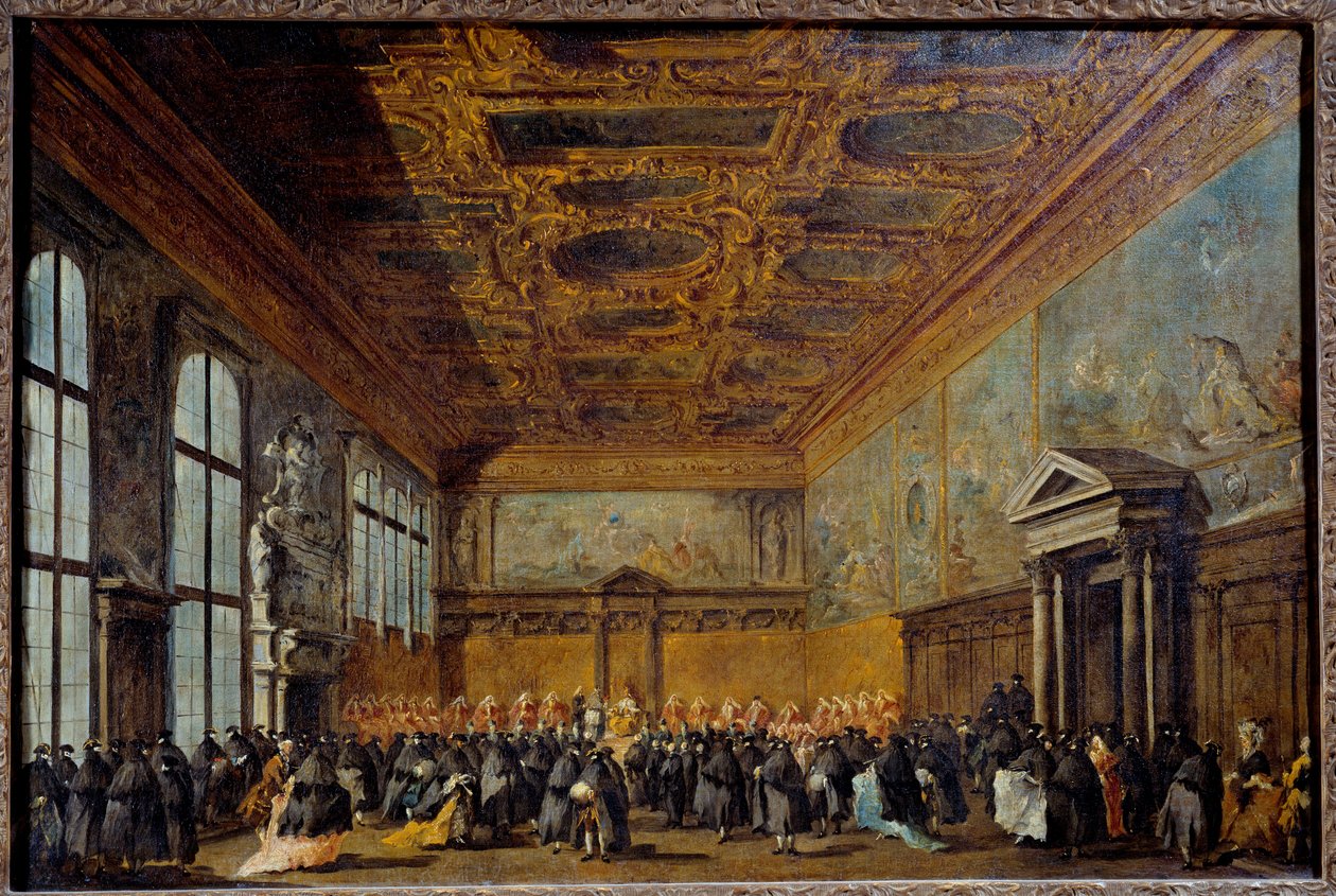 威尼斯总督（可能是 Alvise IV Mocinego (1701-1778)）在威尼斯公爵宫学院大厅授予的观众 弗朗切斯科·瓜迪 (Francesco Guardi) (1712-1793) 1766-1770 年作画。 0,67 x 1,01 米 作者 弗朗切斯科·瓜迪（Francesco Guardi）