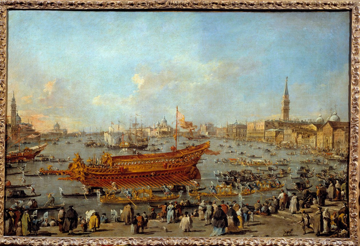 Bucentaur (Bucentoro) 在升天日出发前往威尼斯丽都 弗朗切斯科·瓜迪 (Francesco Guardi) (1712-1793) 1766-1770 年的绘画。 0,66x1,01 m - Bucentaur (Bucentoro) 前往威尼斯丽都参加耶稣升天仪式。 排 作者 弗朗切斯科·瓜迪（Francesco Guardi）
