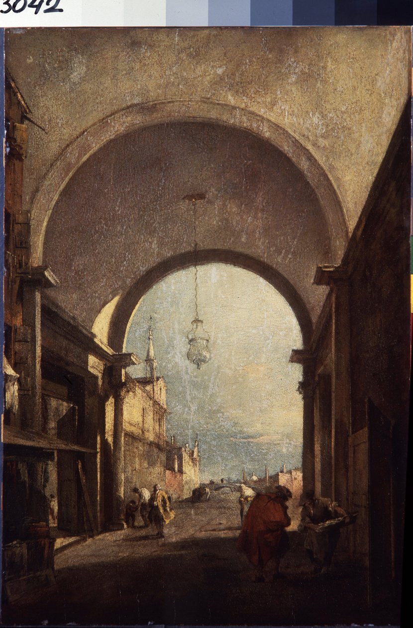 威尼斯市景。弗朗切斯科-瓜尔迪（Francesco Guardi，1712-1793 年）创作，约 1770 年。木板油画。洛可可风格的威尼斯艺术。圣彼得堡冬宫博物馆。 作者 弗朗切斯科·瓜迪（Francesco Guardi）