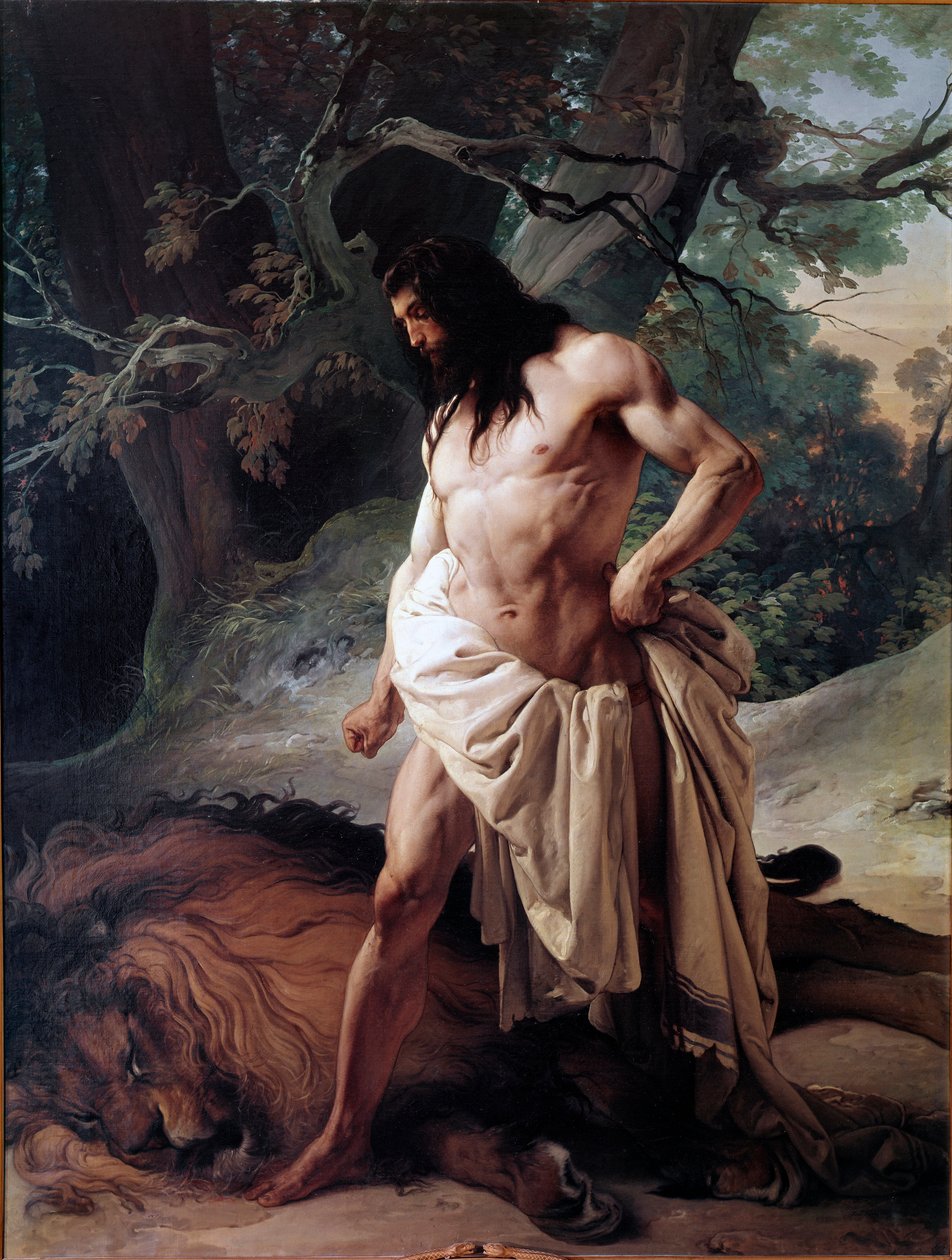 参孙看着他刚刚徒手杀死的狮子（布面油画 作者 弗朗切斯科·海耶兹（Francesco Hayez）