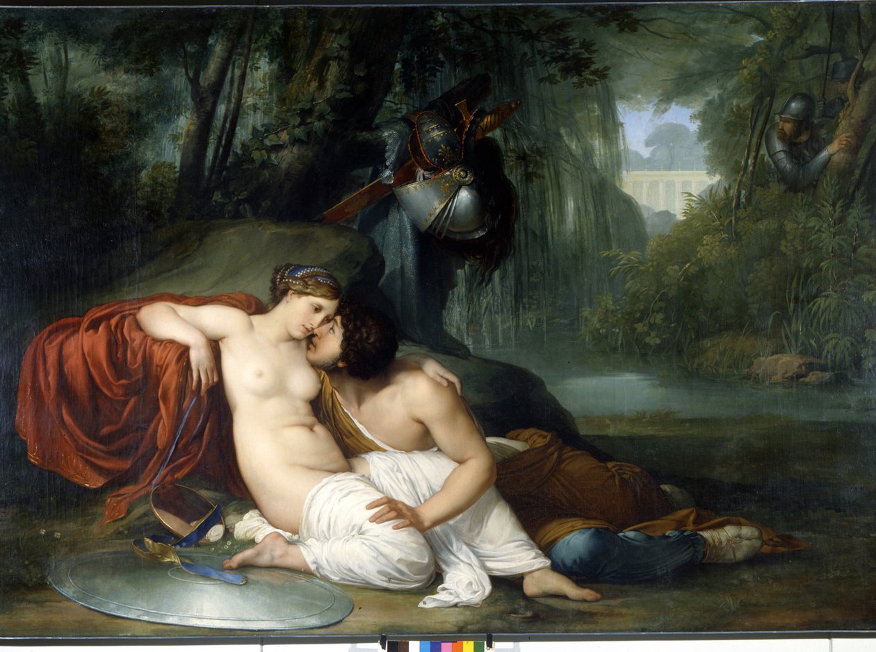 Renaud 和 Armide 的爱 Torquato Tasso（被称为杯子）的“耶路撒冷交付”（La gerusalemme liberata）场景的插图。 在他的魔镜骑士 Re 的帮助下，迷人的 Armide 被非常具有象征意义的 Amours seduit 包围 作者 弗朗切斯科·海耶兹（Francesco Hayez）