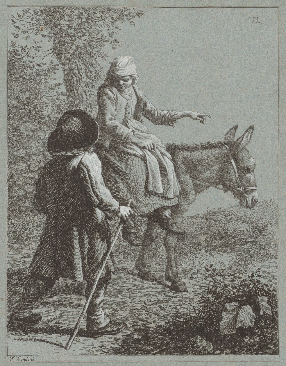 带着驴子的男孩和女孩，1764年。 作者 弗朗切斯科·伦敦尼奥（Francesco Londonio）