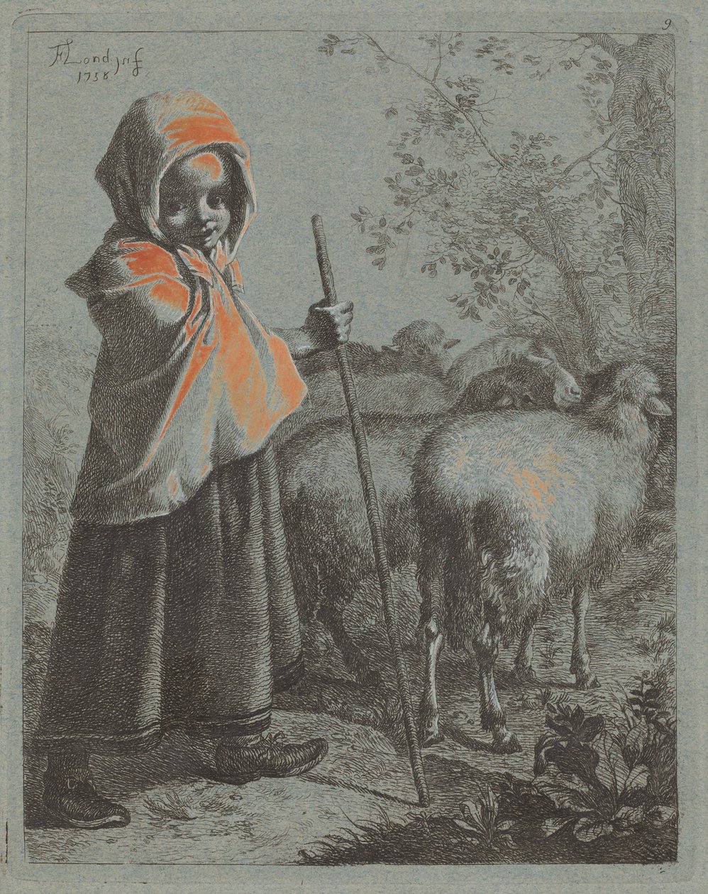带着羊群的牧羊女儿童，1758年。 作者 弗朗切斯科·伦敦尼奥（Francesco Londonio）