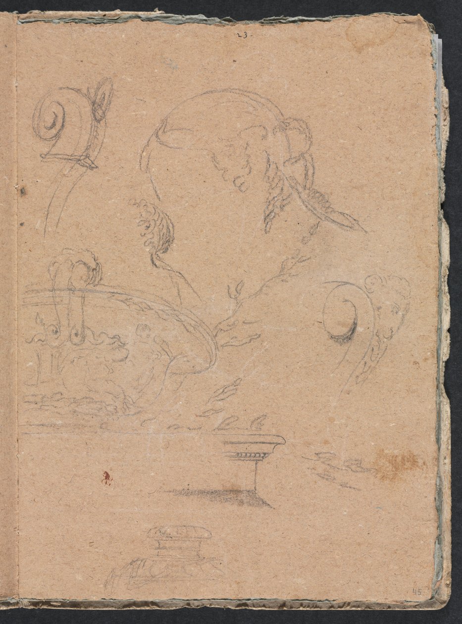 维罗纳素描本：女性头像第45页的建筑图案，1760年。 作者 弗朗切斯科·洛伦兹（Francesco Lorenzi）