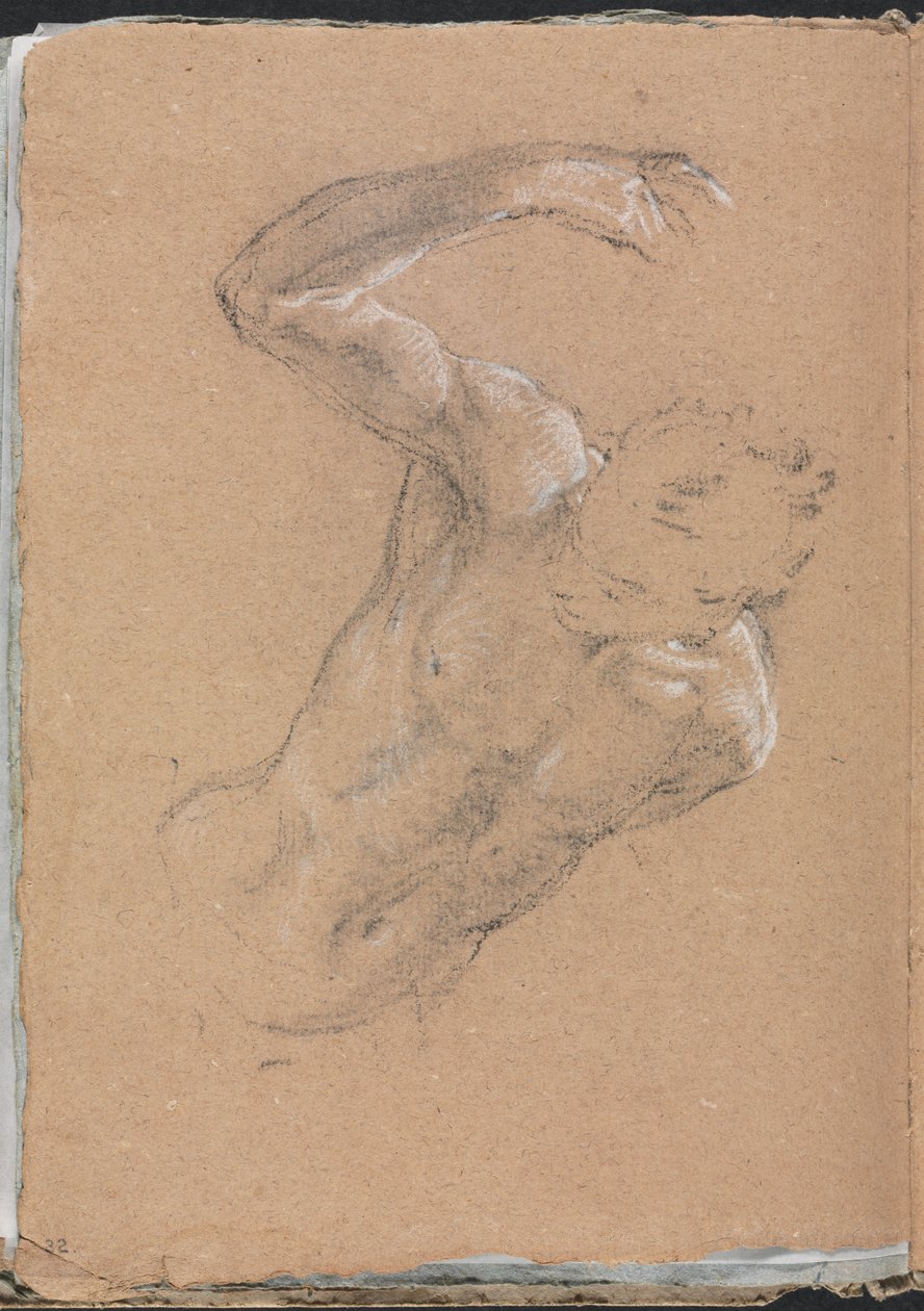 维罗纳素描本：男性裸体，右臂抬起第32页，1760年。 作者 弗朗切斯科·洛伦兹（Francesco Lorenzi）