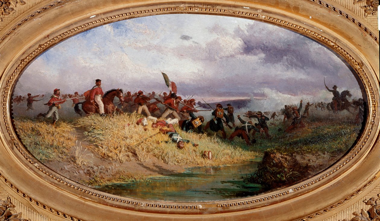 Risorgimento：““意大利爱国者朱塞佩·加里波第经过沃尔图诺河”“1860 年 10 月千人（或红衫军）远征期间沃尔图诺战役的场景。弗朗切斯科·曼奇尼 (1830-1905) 绘画，那不勒斯，国家博物馆 作者 弗朗切斯科·曼奇尼（Francesco Mancini）