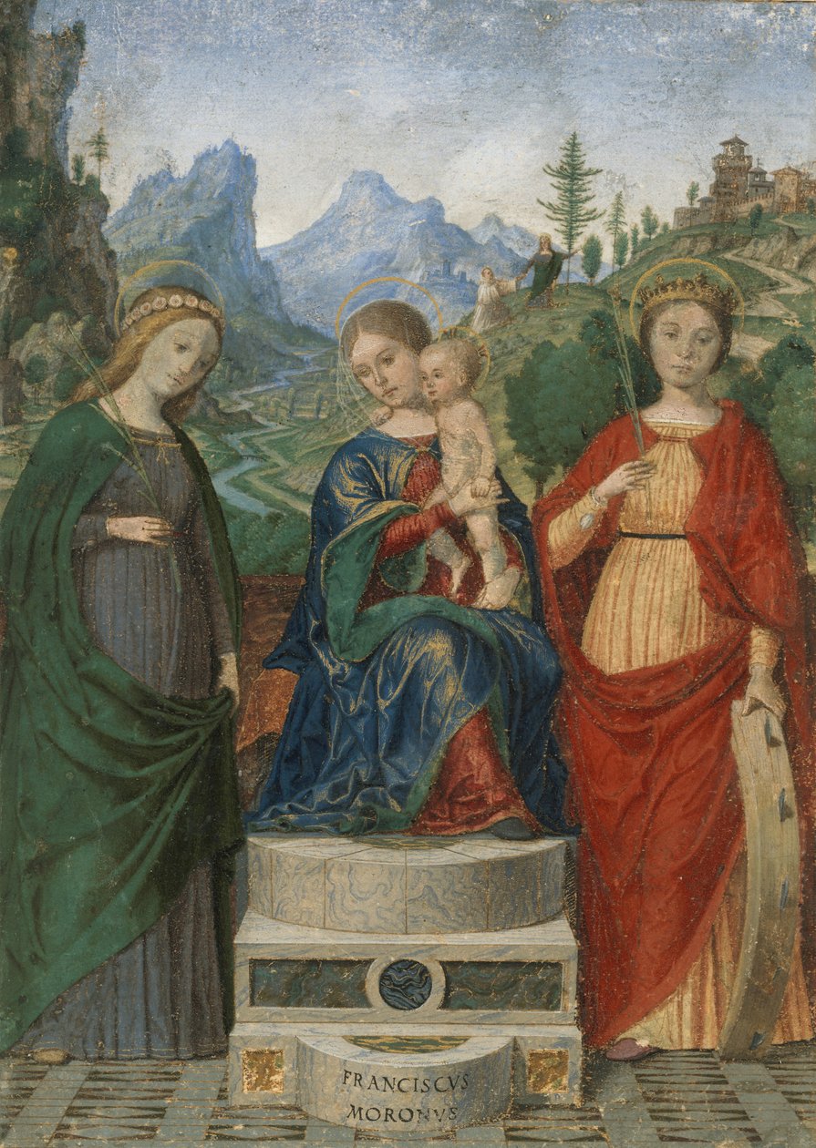 圣母子在塞西莉亚（Saint Cecilia）和亚历山大·凯瑟琳（Alexanderia）之间登基1510-15。 作者 弗朗切斯科·莫罗内（Francesco Morone）