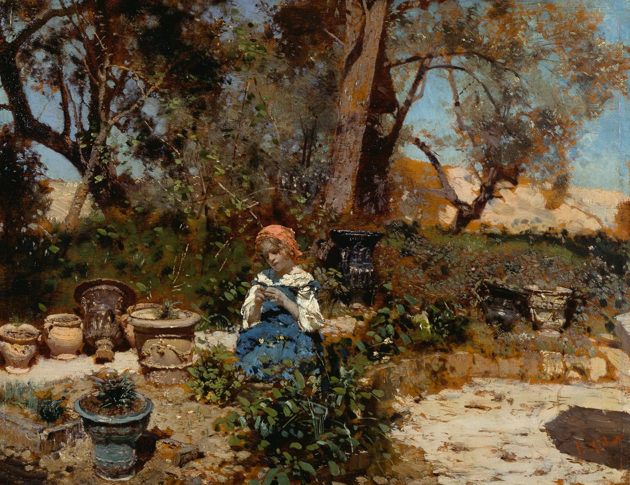 花园里的女孩，弗朗西斯科·保罗·米切蒂（Francesco Paolo Michetti，1851-1929 年）作画，面板油画，27x36 厘米 作者 弗朗切斯科·保罗·米切蒂（Francesco Paolo Michetti）