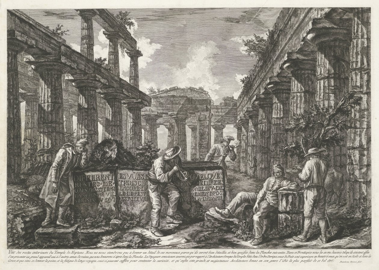 显示 Paestum 海神庙遗迹的标题印刷品，图块上有标题
仍矗立在 Paestum 的三座大型建筑遗迹的各种视图（系列标题）
三座大型建筑遗迹的不同景观 作者 弗朗切斯科·皮拉内西（Francesco Piranesi）