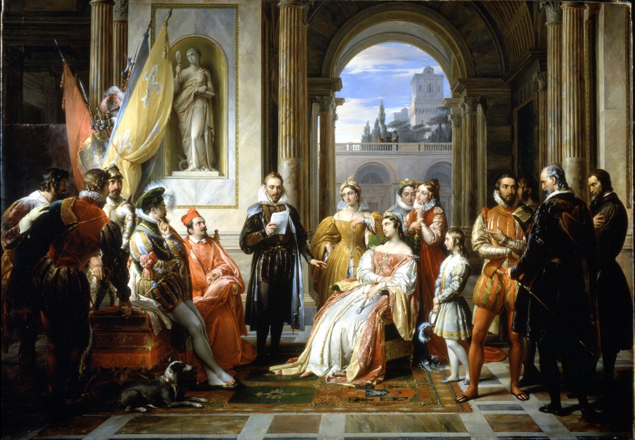 Torquato Tasso（Le Muche）在费拉拉宫廷阅读他的Jerusalem delivree（解放的耶路撒冷）。 Francesco Podesti (1800-1895) 的绘画 作者 弗朗切斯科·波德斯蒂（Francesco Podesti）