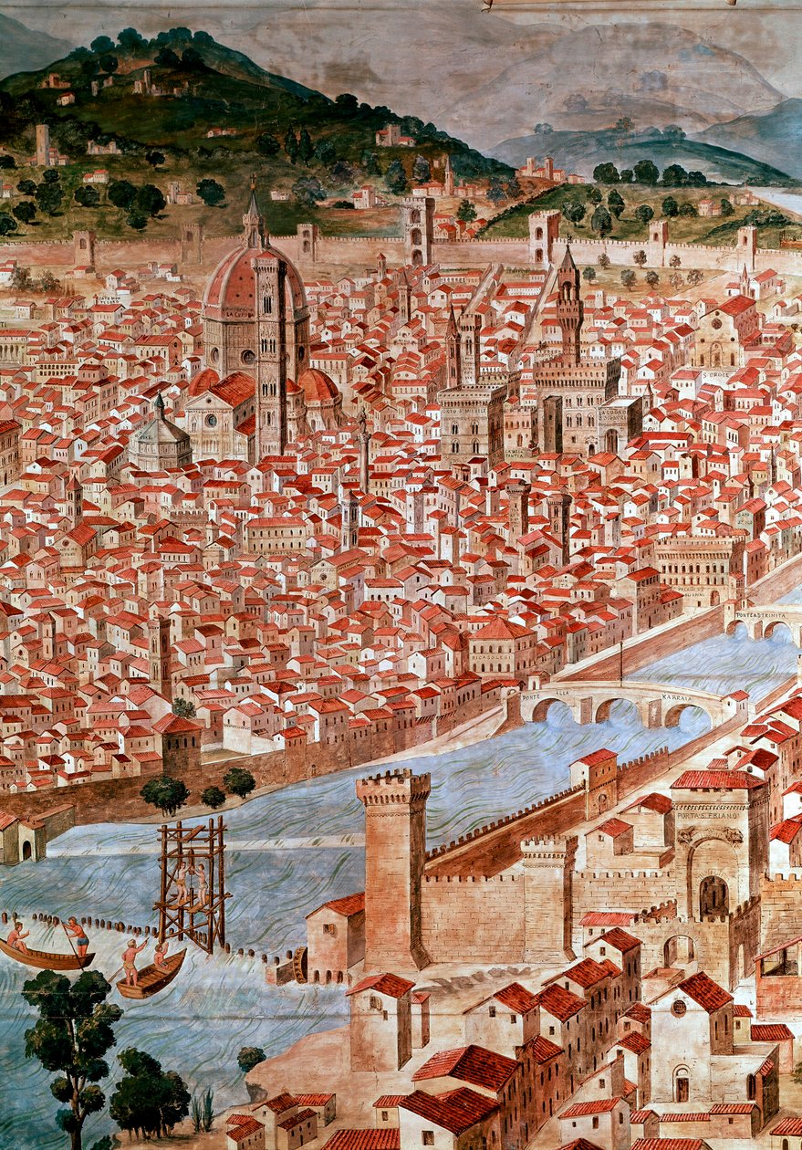 Pianta della Catena 佛罗伦萨市地图的细节被称为“Catena”，因为地图的框架呈链状。 由 Francesco di Lorenzo Rosselli（1448-1513）于 1490 年实现。佛罗伦萨，Museo Firenze com