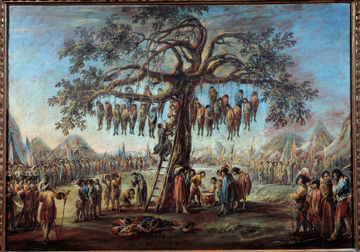 被绞死的树 一种可怕的景象，代表着被吊在树枝上折磨的罪犯。 插图的灵感来自 Jacques Callot（1592-1635）系列“Les miseres de la guerre”的版画。 弗朗切斯科·西蒙尼尼 (Francesco Simonini) 的绘画 ( 作者 弗朗切斯科·西蒙尼尼（Francesco Simonini）