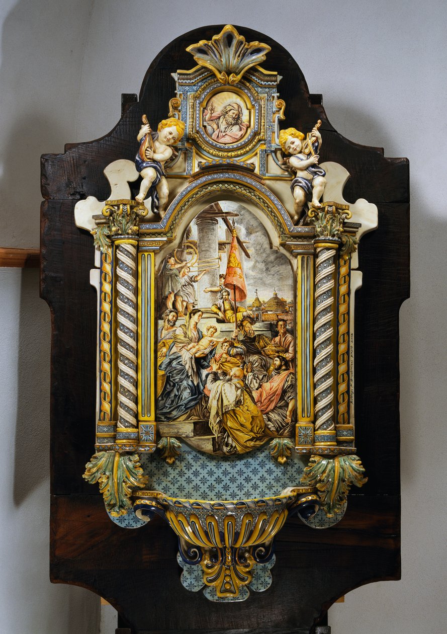 20 世纪意大利 Francesco Solimena（1657-1747）画作《贤士的崇拜》中的大型彩绘珐琅圣水字体 作者 弗朗切斯科·索利米娜（Francesco Solimena）
