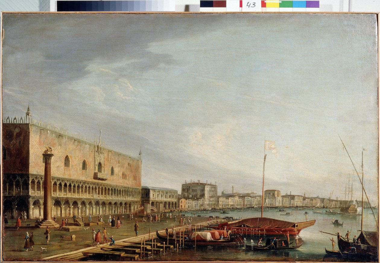 Vue de la place Saint Marc (Piazzetta) avec le palais des doges a Venise（威尼斯圣马可广场与多吉王宫景观）。弗朗切斯科-蒂罗尼（1745-1797 年）的画作。纸面油画，73 x 111 厘米。18 世纪的威尼斯艺术。阿尔汉国家博物馆 作者 弗朗切斯科·蒂罗尼（Francesco Tironi）