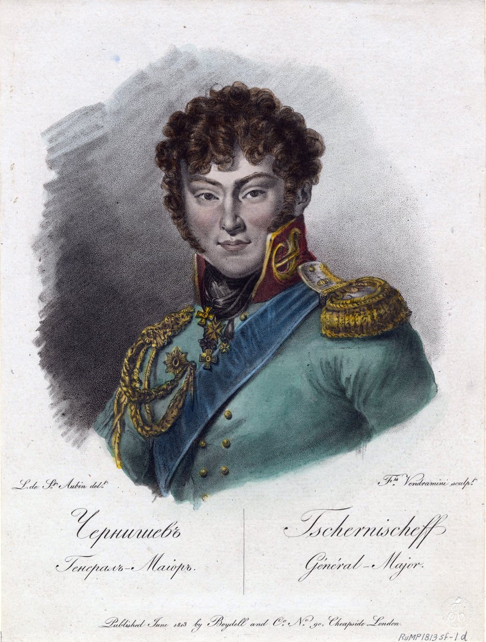 Portrait of Count Alexander Ivanovich Chernyshov (Prince Alexandre Ivanovitch Tchernychev ou Tchernychiov ou Czernichev) (1786-1857) - Vendramini, Francesco (1780-1856) - 1813 - 蚀刻，水彩 - 24,2x18,2 - 私人收藏 作者 弗朗切斯科·文德拉米尼