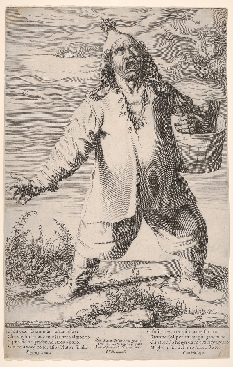 Geminiano Caldarostaro哭了起来，手持一个装有流苏帽子的浴缸。 1597-1601。 作者 弗朗切斯科·比利亚梅纳（Francesco Villamena）