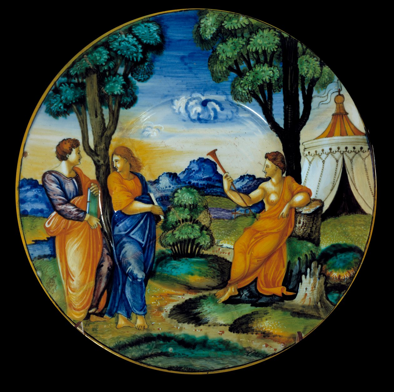 代表 Parnassus 的 Francesco Xanto Aveli（活跃于 1530/1540 年左右）制作的彩陶盘。 在乌尔比诺实现。 1530.巴黎，卢浮宫博物馆 作者 弗朗切斯科·桑托·阿维利